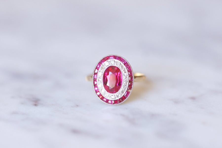 Art Deco engagement ring in yellow gold and platinum, diamonds and synthetic rubies - Galerie Pénélope
