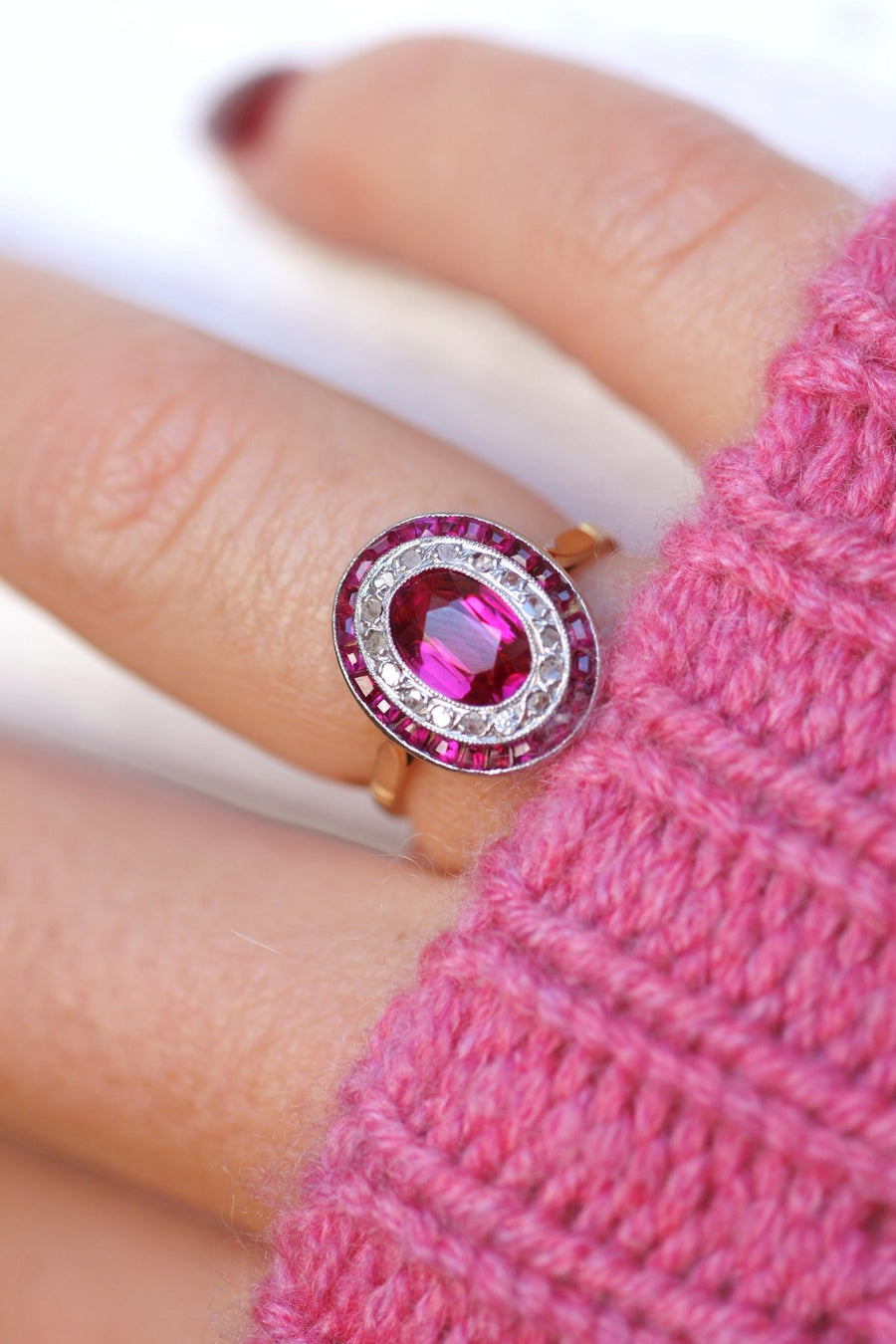 Art Deco engagement ring in yellow gold and platinum, diamonds and synthetic rubies - Galerie Pénélope