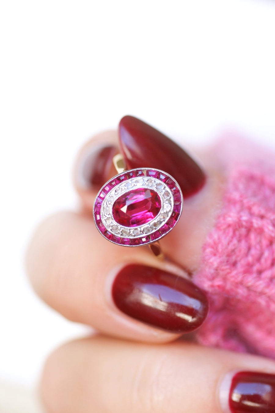 Art Deco engagement ring in yellow gold and platinum, diamonds and synthetic rubies - Galerie Pénélope