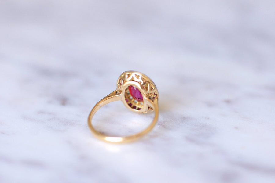 Art Deco engagement ring in yellow gold and platinum, diamonds and synthetic rubies - Galerie Pénélope