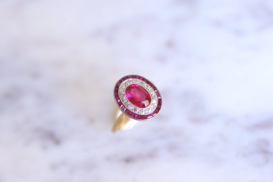 Art Deco engagement ring in yellow gold and platinum, diamonds and synthetic rubies - Galerie Pénélope