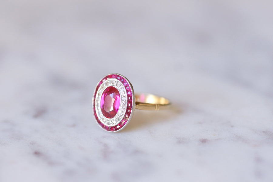 Art Deco engagement ring in yellow gold and platinum, diamonds and synthetic rubies - Galerie Pénélope