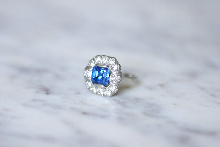 Art Deco Sapphire 2.57 Cts diamond setting engagement ring on platinum - Galerie Pénélope