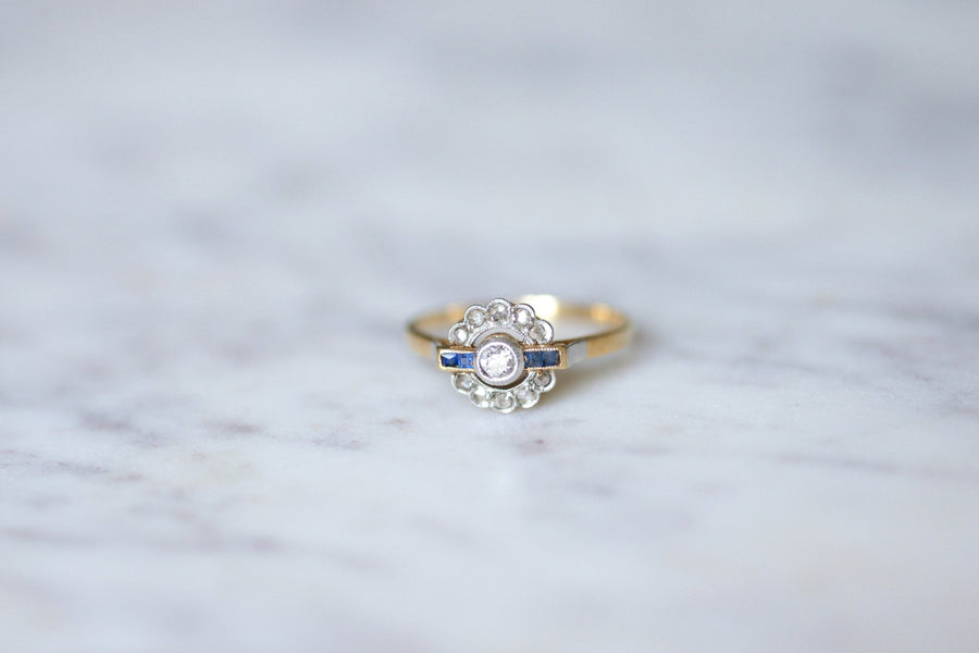 Art Deco sapphires and diamonds on gold and platinum engagement ring - Galerie Pénélope