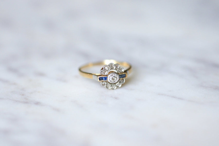 Art Deco sapphires and diamonds on gold and platinum engagement ring - Galerie Pénélope