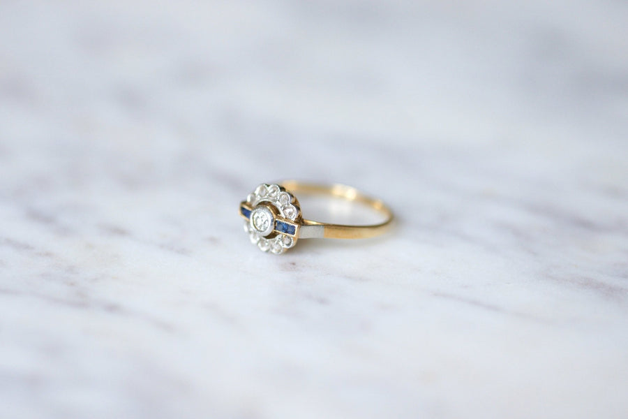 Art Deco sapphires and diamonds on gold and platinum engagement ring - Galerie Pénélope