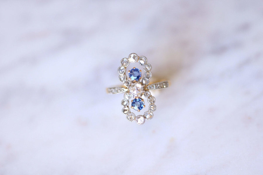 Belle Epoque engagement ring sapphires and diamonds on gold and platinum - Galerie Pénélope