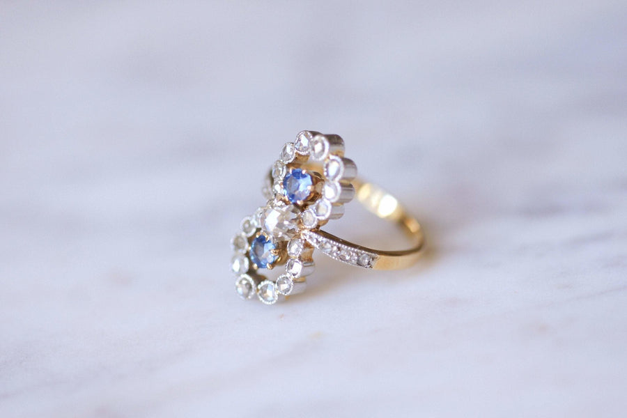 Belle Epoque engagement ring sapphires and diamonds on gold and platinum - Galerie Pénélope