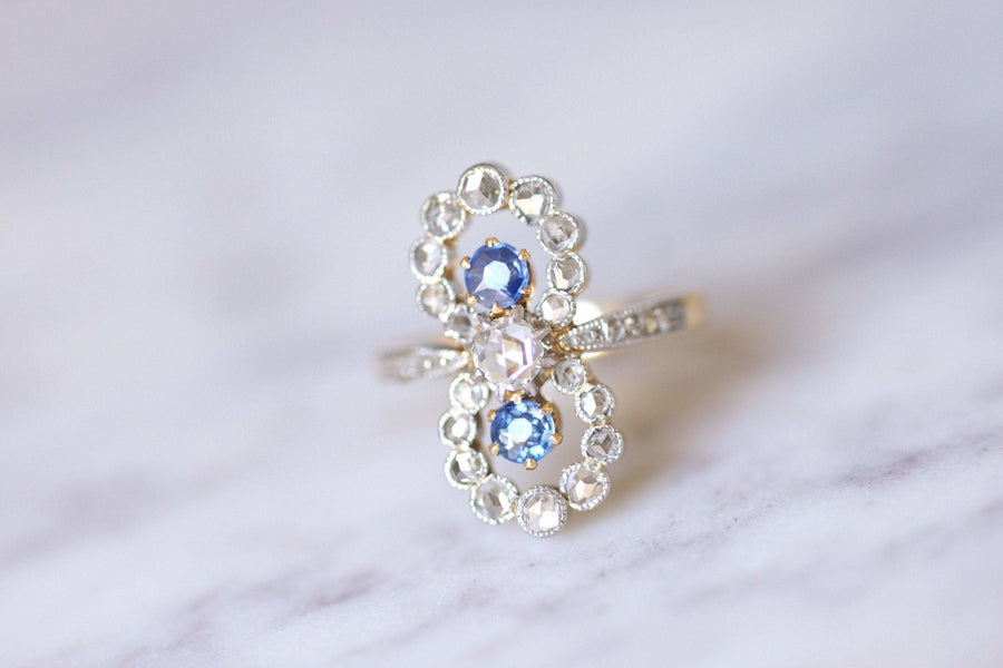 Belle Epoque engagement ring sapphires and diamonds on gold and platinum - Galerie Pénélope
