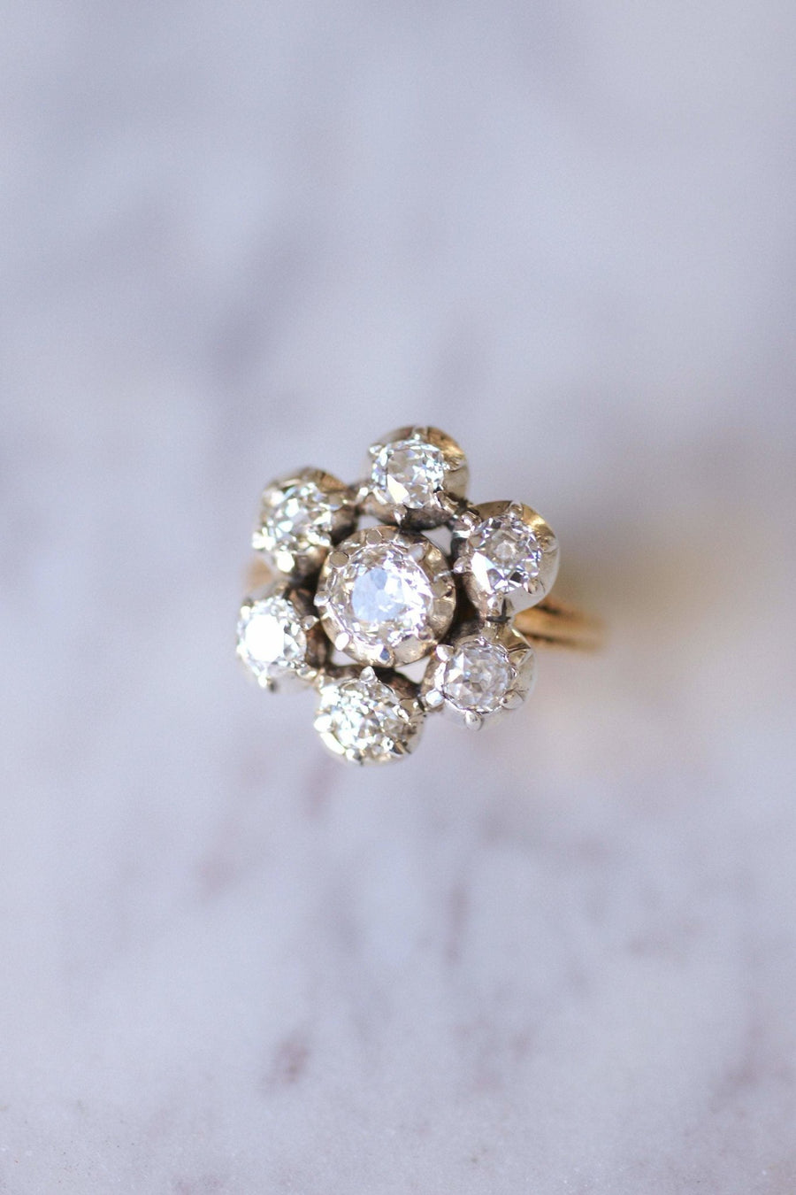 Antique gold and silver daisy engagement ring set with diamonds 1.60Cts - Galerie Pénélope