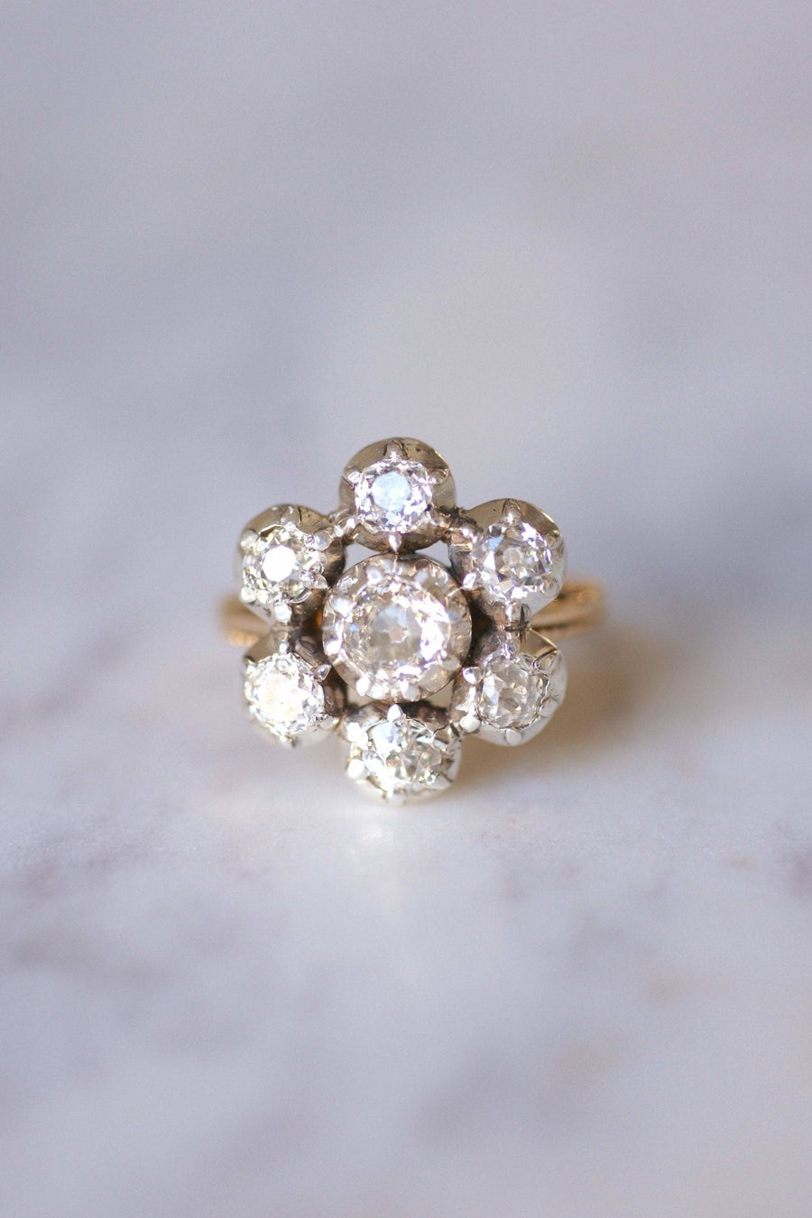 Antique gold and silver daisy engagement ring set with diamonds 1.60Cts - Galerie Pénélope
