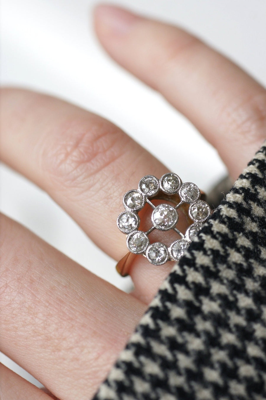 Antique gold, platinum and diamond daisy engagement ring - Penelope Gallery