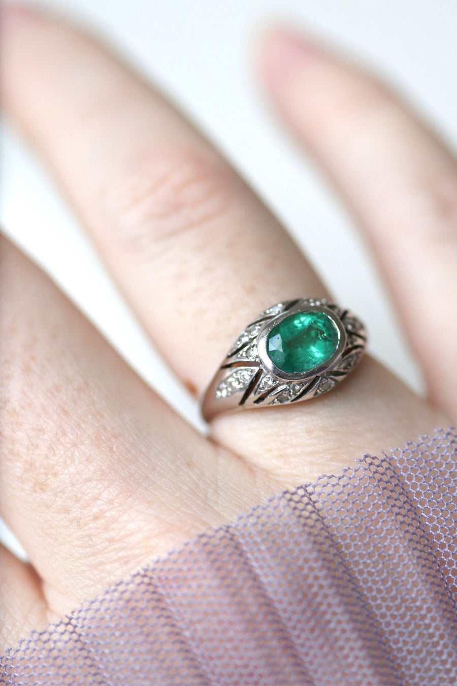 Art Deco Dome Ring, emerald and diamonds - Penelope Gallery