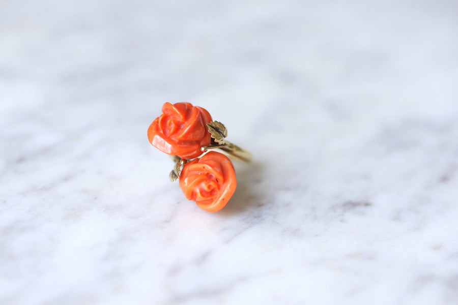 Double coral and gold flower ring - Penelope Gallery