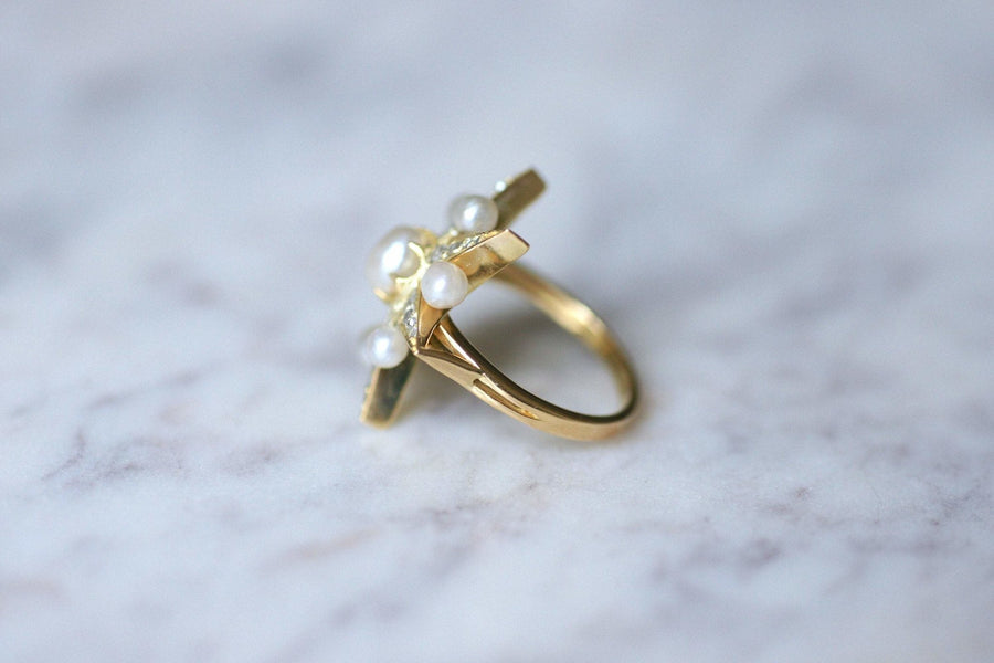 Antique star ring in yellow gold, diamonds and fine pearls - Galerie Pénélope