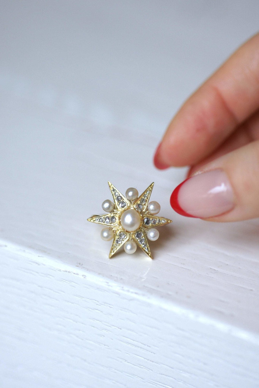Antique star ring in yellow gold, diamonds and fine pearls - Galerie Pénélope