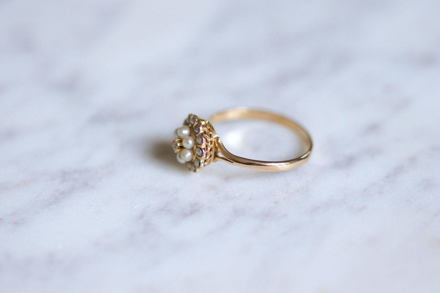 Antique pink gold flower, pearl and diamond ring - Galerie Pénélope