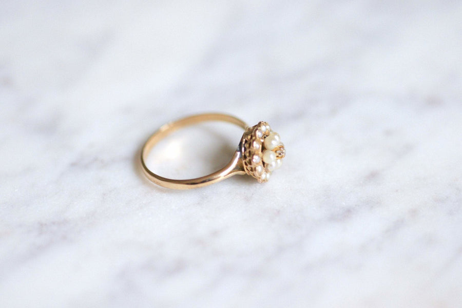 Antique pink gold flower, pearl and diamond ring - Galerie Pénélope