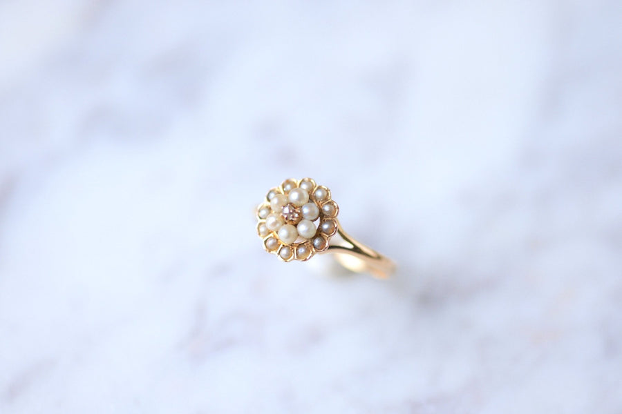 Antique pink gold flower, pearl and diamond ring - Galerie Pénélope