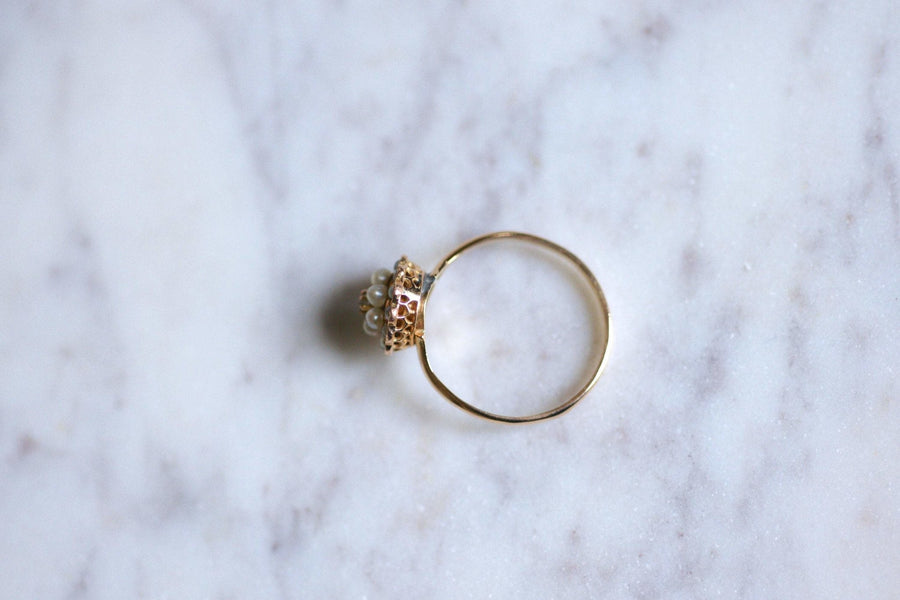 Antique pink gold flower, pearl and diamond ring - Galerie Pénélope