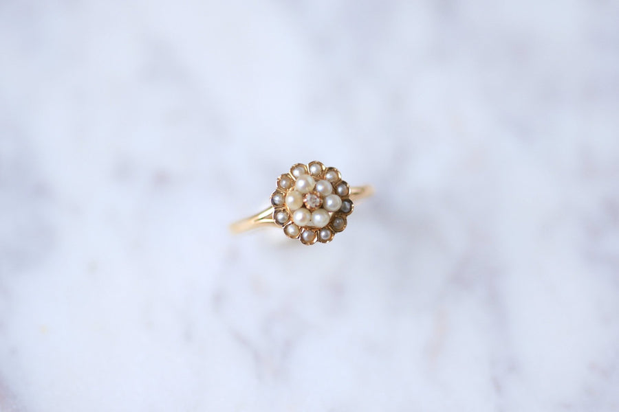 Antique pink gold flower, pearl and diamond ring - Galerie Pénélope
