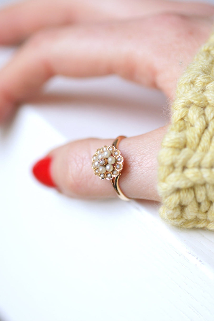 Antique pink gold flower, pearl and diamond ring - Galerie Pénélope