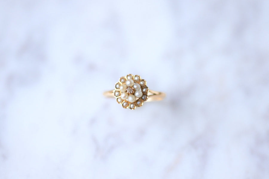 Antique pink gold flower, pearl and diamond ring - Galerie Pénélope