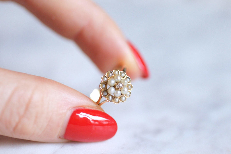 Antique pink gold flower, pearl and diamond ring - Galerie Pénélope