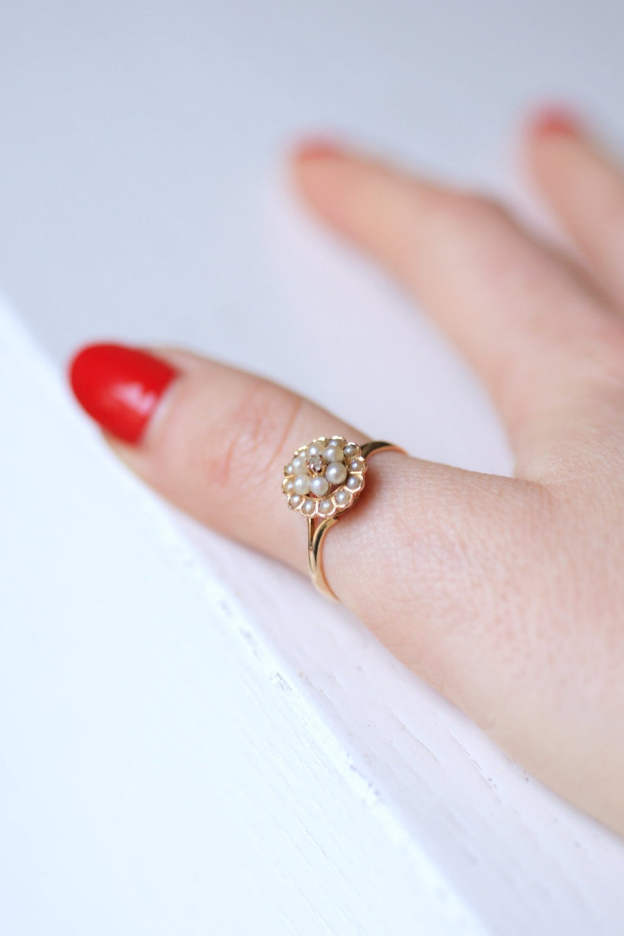 Antique pink gold flower, pearl and diamond ring - Galerie Pénélope