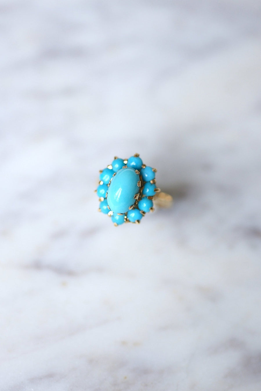 Vintage 18KT yellow gold flower ring with turquoise cabochons - Penelope Gallery