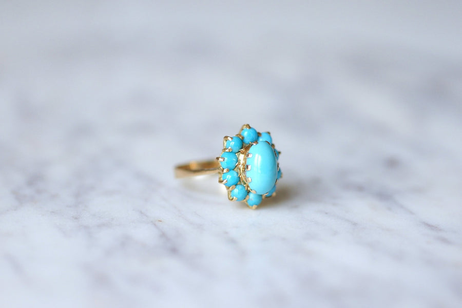 Vintage 18KT yellow gold flower ring with turquoise cabochons - Penelope Gallery