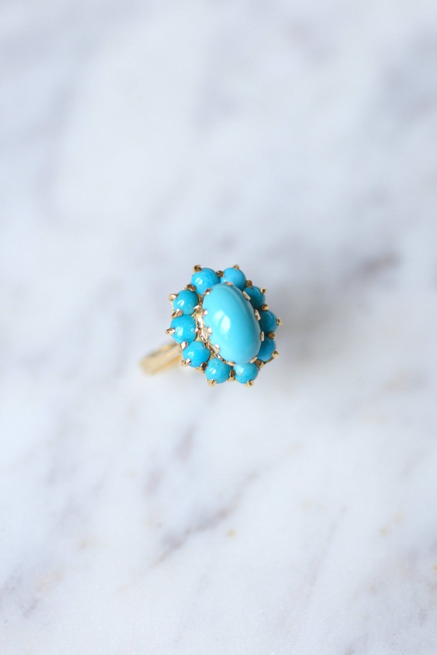 Vintage 18KT yellow gold flower ring with turquoise cabochons - Penelope Gallery