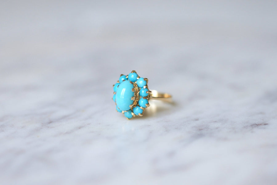Vintage 18KT yellow gold flower ring with turquoise cabochons - Penelope Gallery