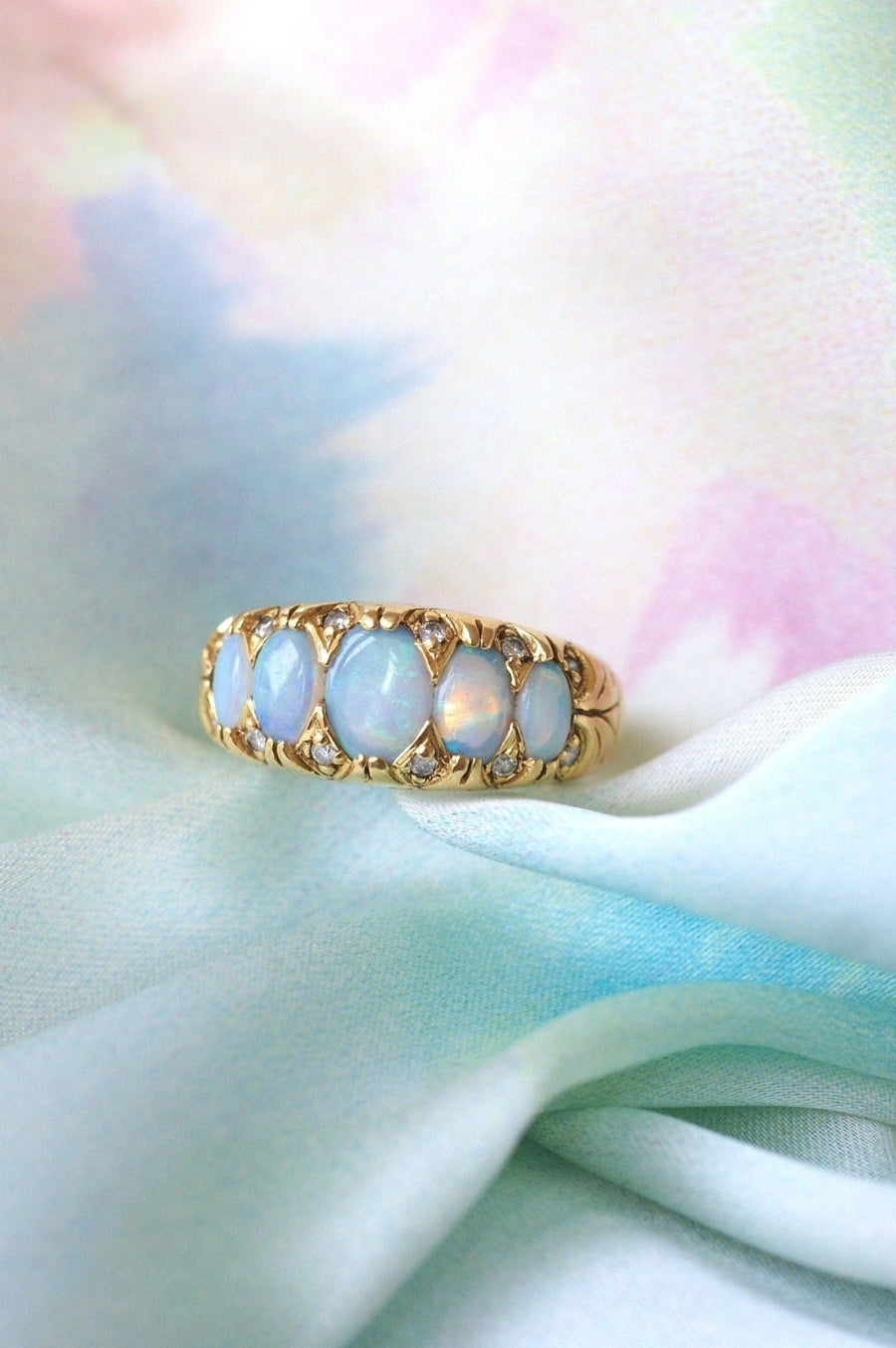 Opals and diamonds on gold garter ring - Penelope Gallery