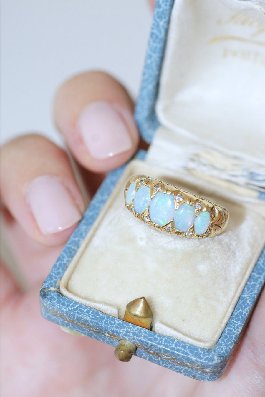 Opals and diamonds on gold garter ring - Penelope Gallery