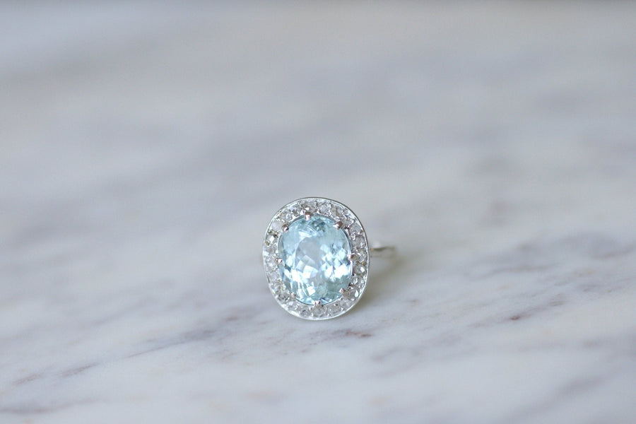 Antique daisy ring with aquamarine and diamonds - Galerie Pénélope