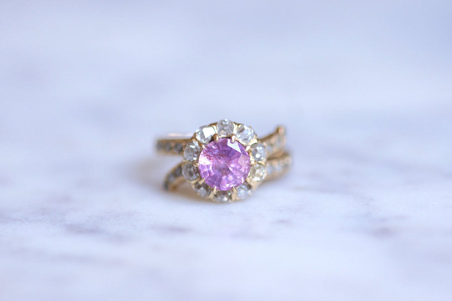 Antique pink sapphire daisy ring with diamonds on gold - Galerie Pénélope