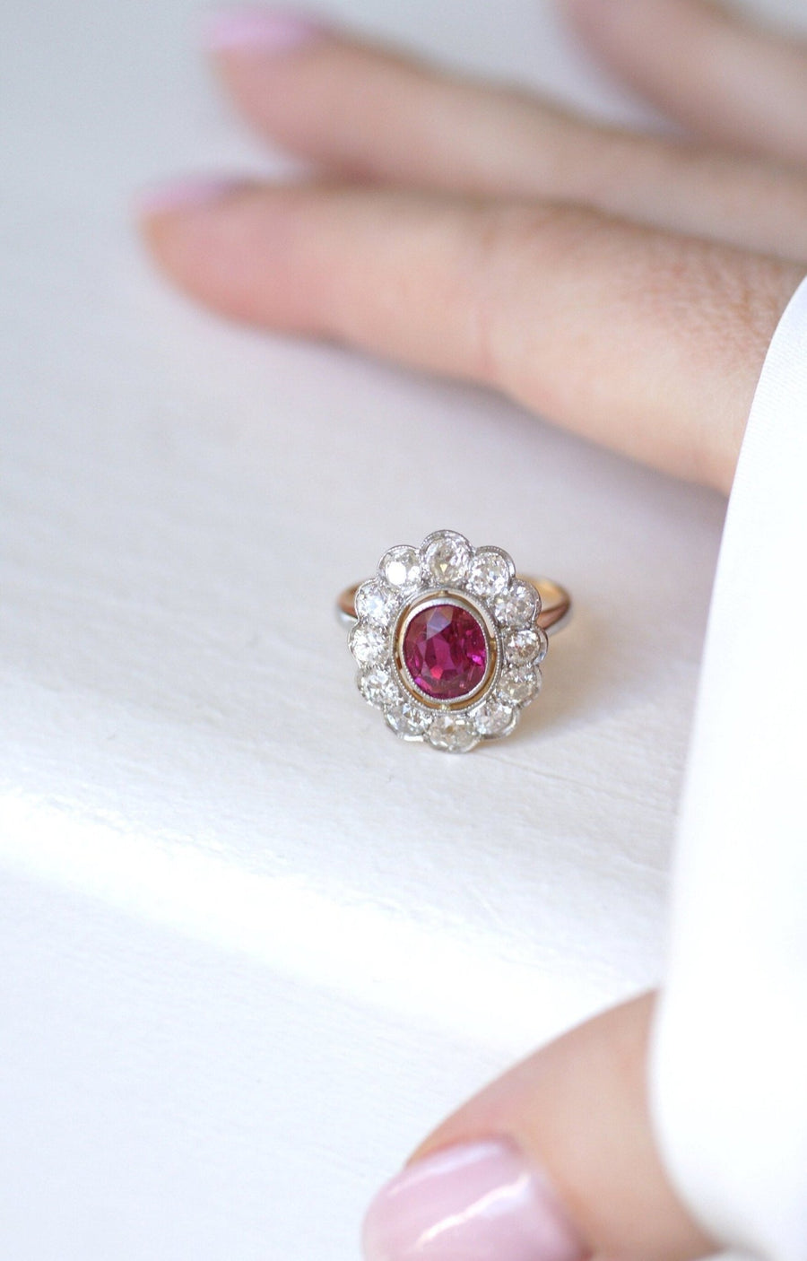 Daisy ring, unheated Birman ruby 1.60 Cts, diamonds - Penelope Gallery