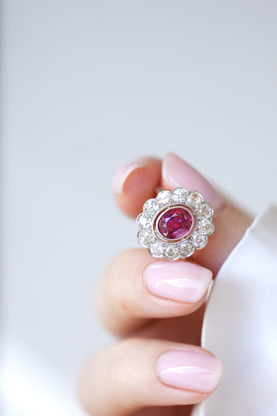 Daisy ring, unheated Birman ruby 1.60 Cts, diamonds - Penelope Gallery
