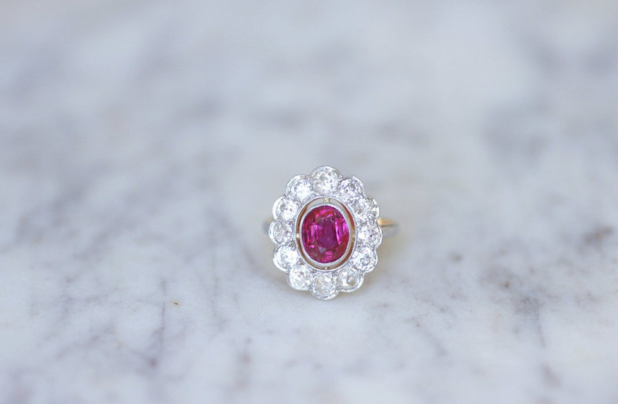Daisy ring, unheated Birman ruby 1.60 Cts, diamonds - Penelope Gallery