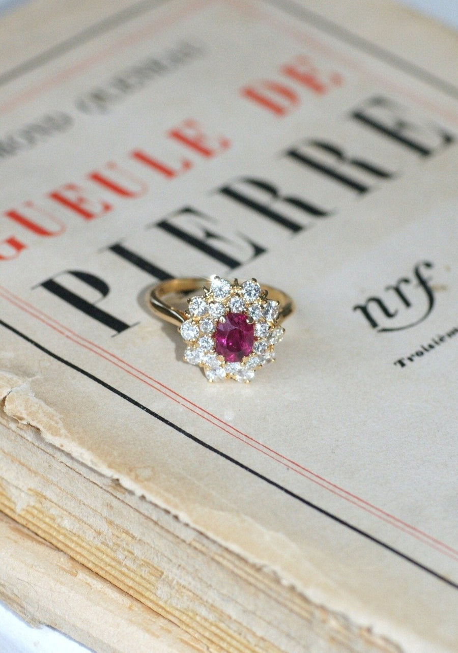 Ruby daisy ring set with diamonds - Galerie Pénélope