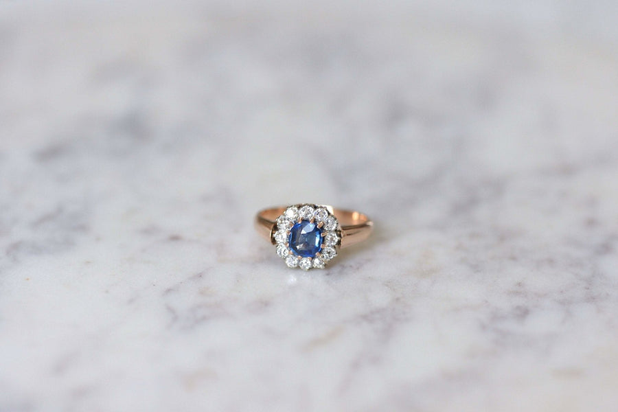 Unheated sapphire daisy ring with diamonds - Penelope Gallery
