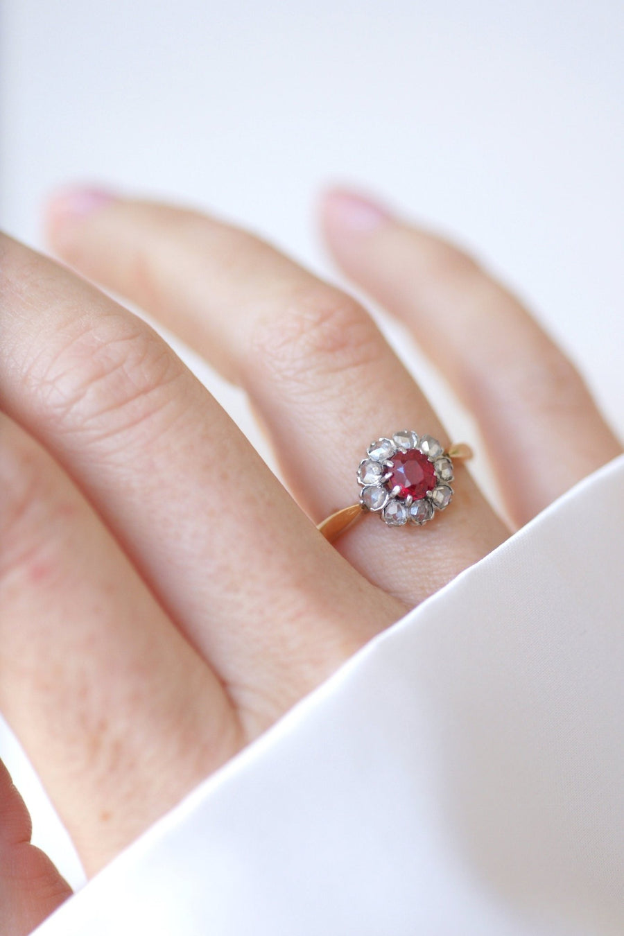 Red spinel daisy ring with diamonds - Penelope Gallery