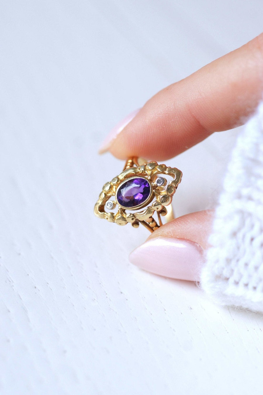 Marquise ring Ancient diamonds and amethyst in gold - Galerie Pénélope