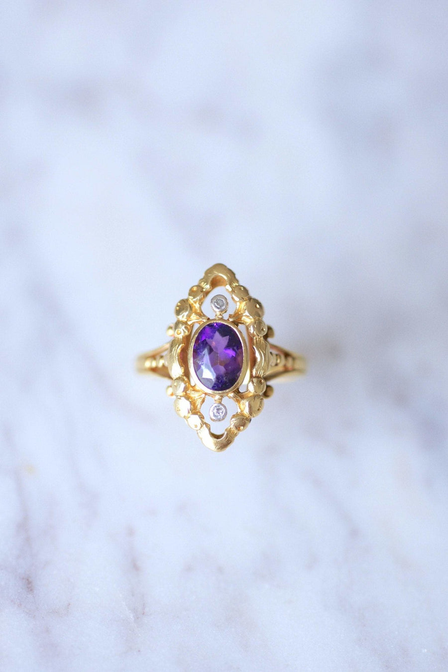 Marquise ring Ancient diamonds and amethyst in gold - Galerie Pénélope