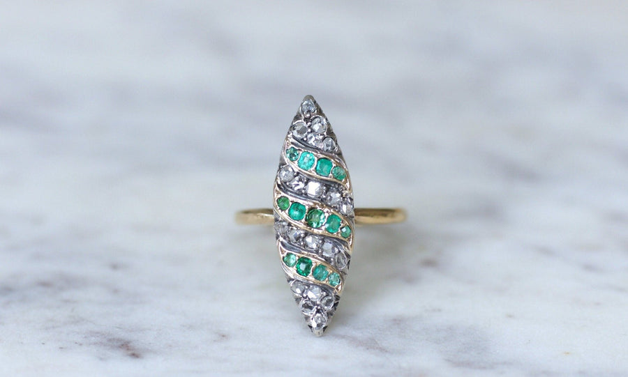 Antique marquise ring with emeralds and diamonds on gold and silver - Penelope Gallery