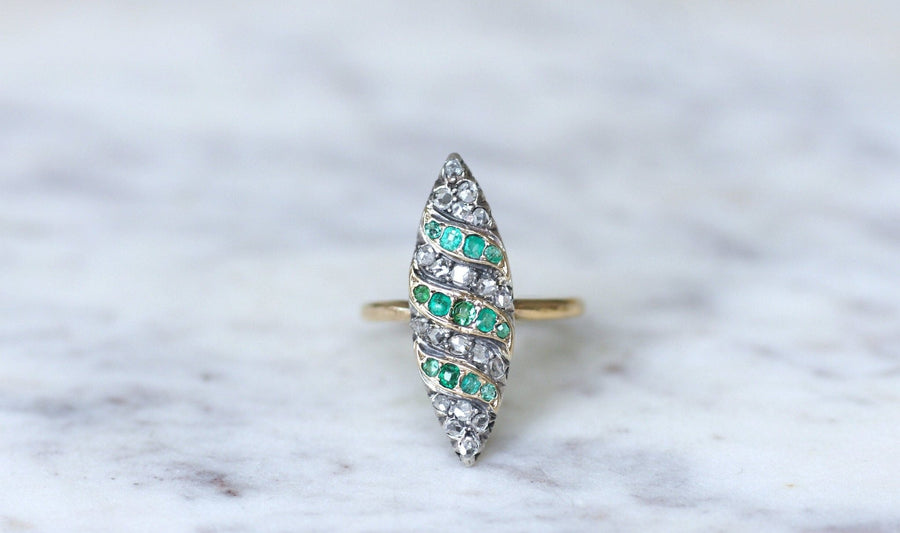 Antique marquise ring with emeralds and diamonds on gold and silver - Penelope Gallery