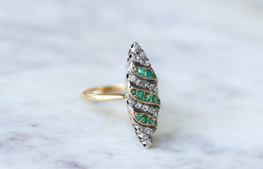 Antique marquise ring with emeralds and diamonds on gold and silver - Penelope Gallery
