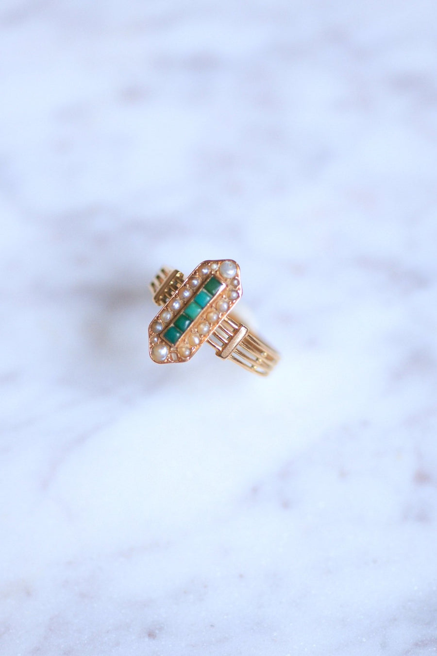 Antique marquise ring in pink gold, turquoise and pearls - Galerie Pénélope