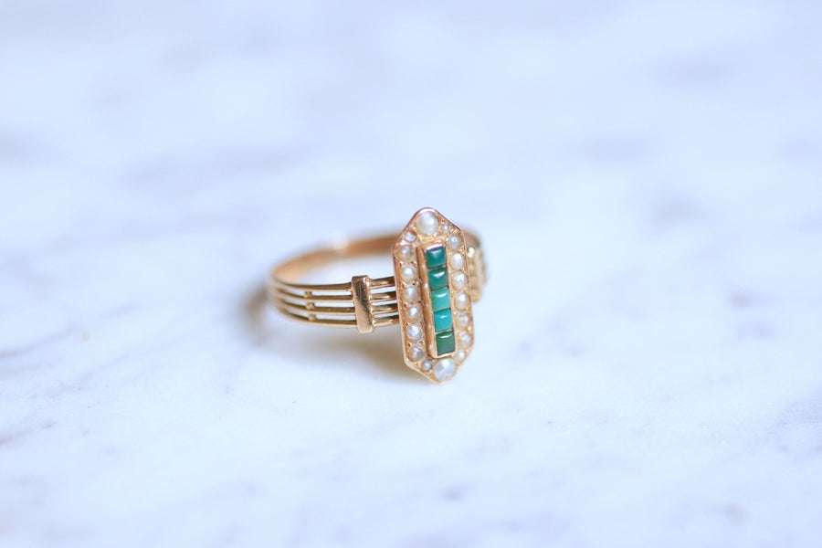 Antique marquise ring in pink gold, turquoise and pearls - Galerie Pénélope